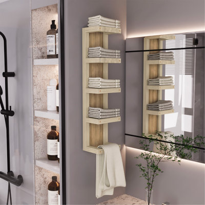 5-Tier Wall Towel Rack, Vertical Storage Organizer For Bathroom Towels And Accessories, Natural Oak