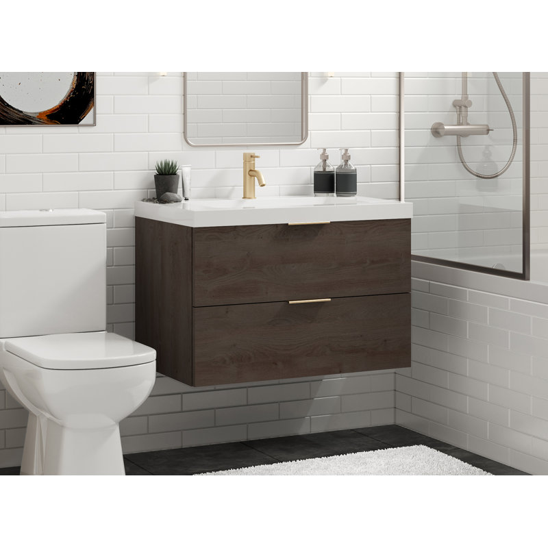 Avila 48" W Wall Mounted Single Bathroom Vanity, Matte White/8" Widespread, Charred, Satin Brass