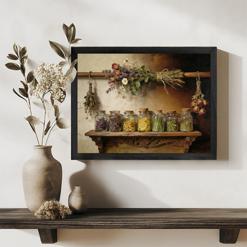 Black Framed Watercolor Vintage Kitchen Seasonings Wall Art Classical Realism Style Framed Prints, 25" H x 37" W