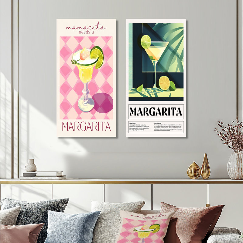 Margarita, ensemble de 2 pièces d'art mural cocktail avec tranche de lime, H 32 po x l 32 po, Toile tendue encadrée