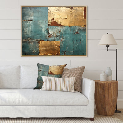 Kintsugi rétro glam rétro or sur turquoise I - décoration murale géométrique abstraite