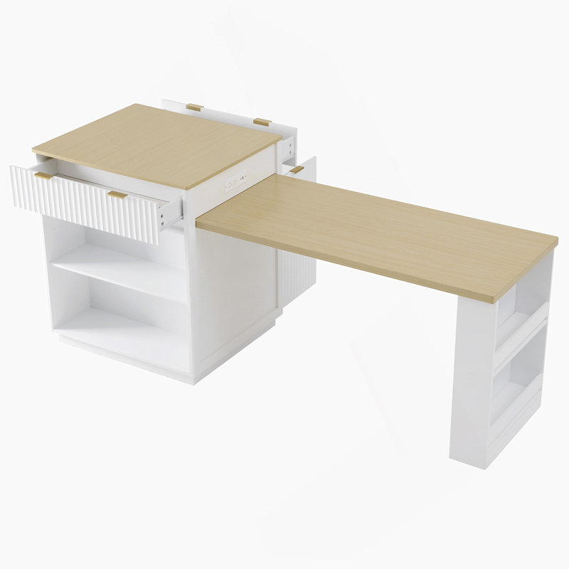82.6" Fluted Kitchen Island With Extendable Dining Table For 4-6, Island Table For Kitchen With Power Outlet, Kitchen Table With Double-Side Storage, 2 Drawers 2 Side Open Shelves