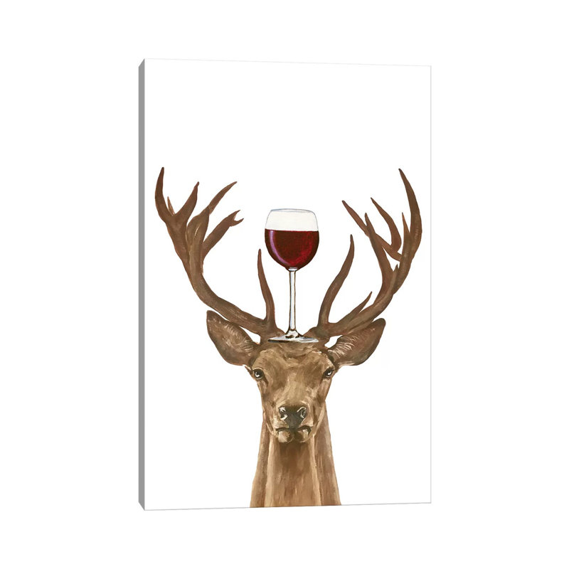 Deer With Wineglass by Coco De Paris - Painting on Canvas, 66.04cm H x 20.32cm W x 3.81cm D, Wrapped Canvas