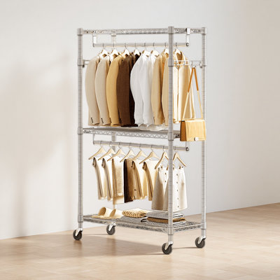 Heavy Duty Rolling Garment Rack 3 Tiers Adjustable Wire Shelving Clothes Rack with 2 Rods and Side Hooks