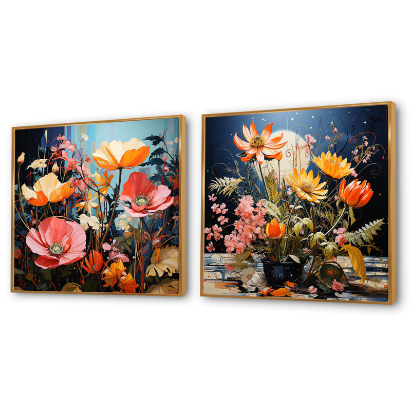 Wild Plants Burst With Fierce Harmony - Ensemble de 2 plantes carrées, Cadre flottant doré, H 16 po x l 33 po