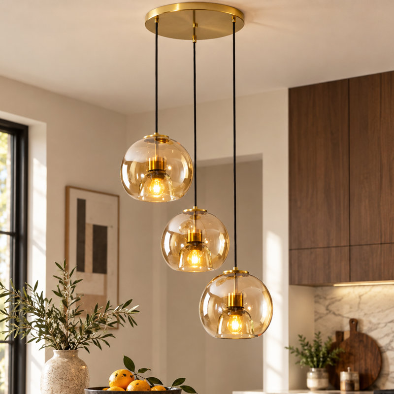 Luminaire suspendu 3 lumières en verre ambre concave
