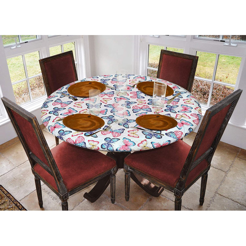 Rosalind Wheeler Deluxe Elastic Edged Flannel Backed Vinyl Fitted Table Cover - Butterfly Pattern - Oblong/Oval - Fits Tables Up To 48" W X 68" L