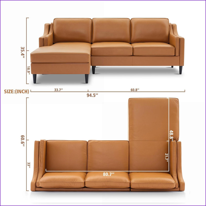 Canapé modulaire gauche en forme de L 94,5 po pour salon | Cuir véritable brun clair brun clair, Cuir véritable brun clair