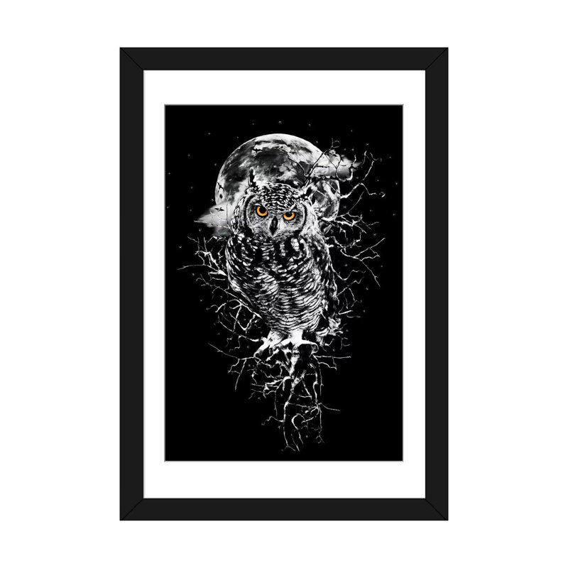 «Owl in B&W» par Riza Peker - impression sur toile tendue, H 32 po x l 24 po x P 1 po, Papier avec cadre noir, Blanc