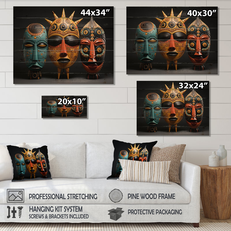 Lurine Lurine, masques colorés d'Afrique sur bois, H 10 po x l 20 po x P 0,78 po
