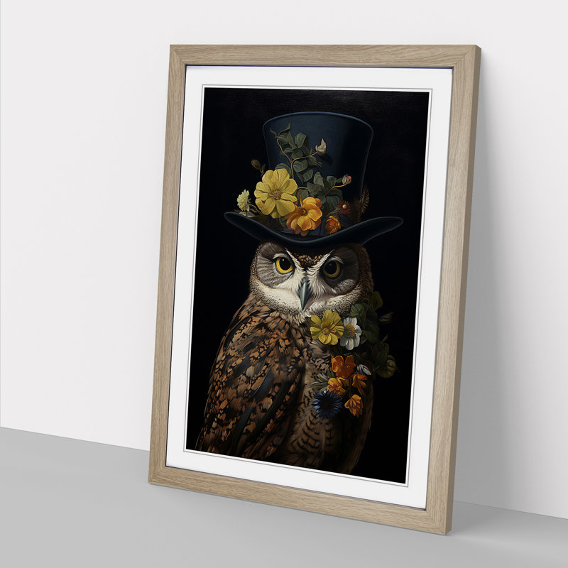 Owl Baroque - Single Picture Frame Print on Wood, Oak, 34cm H x 25cm W x 2cm D