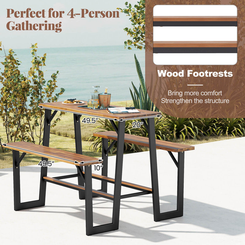 Patio Picnic Table Bench Set with Acacia Wood Tabletop Benchtop Built-in Footrests