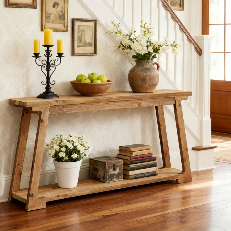 63-Inch Long Solid Wood Console Table, 2-Tier Narrow Sofa Table For Living Room, Entryway, Brown