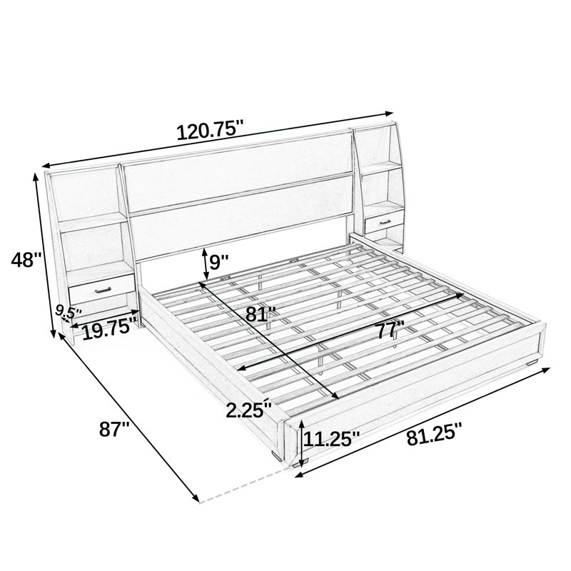 Structure de lit plateforme très grande taille avec rangement, Gris