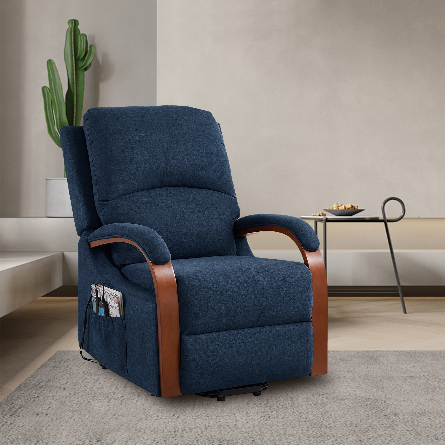 FORCLOVER Blue Leather Reclining Swivel Game Chair with Adjustable Arms and Lumbar Massage Cushion