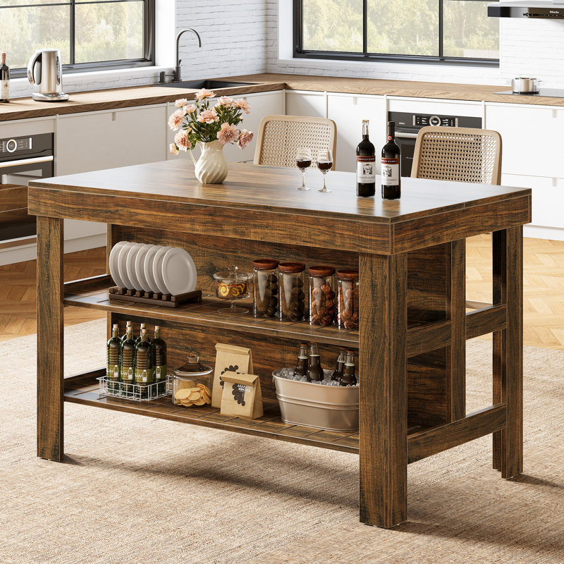 Kitchen Island With Storage Shelves For Kitchen Dining Room, Deep Brown