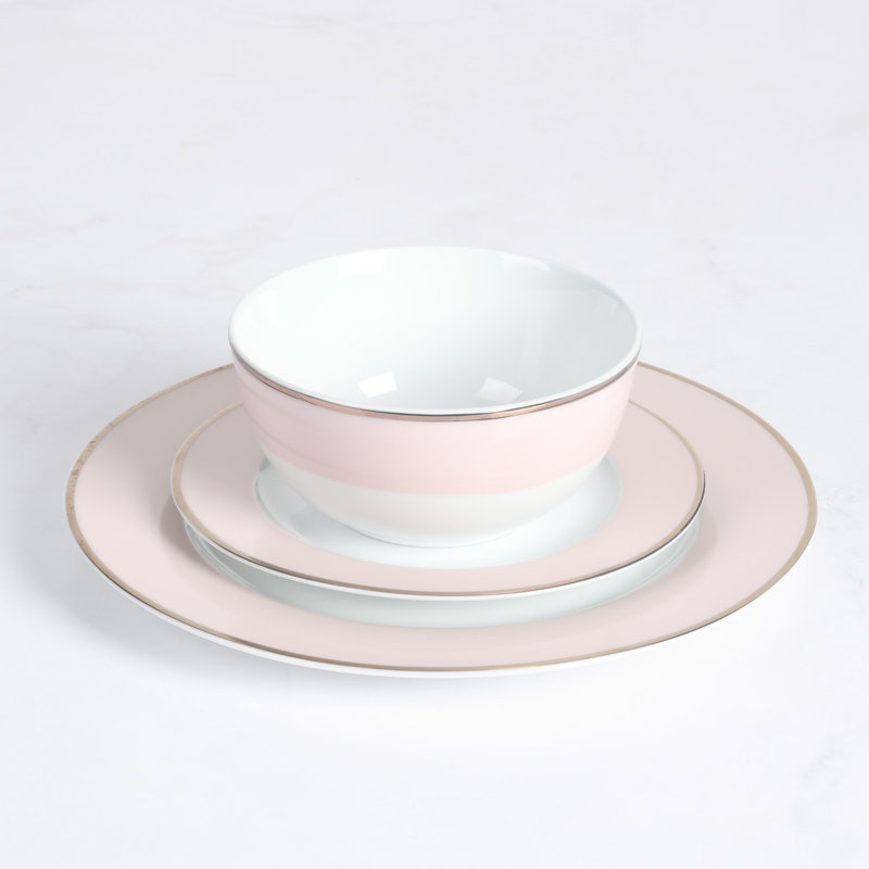 Pink Porcelain Coastal Dinnerware Set with Gold Rim, Service for 4