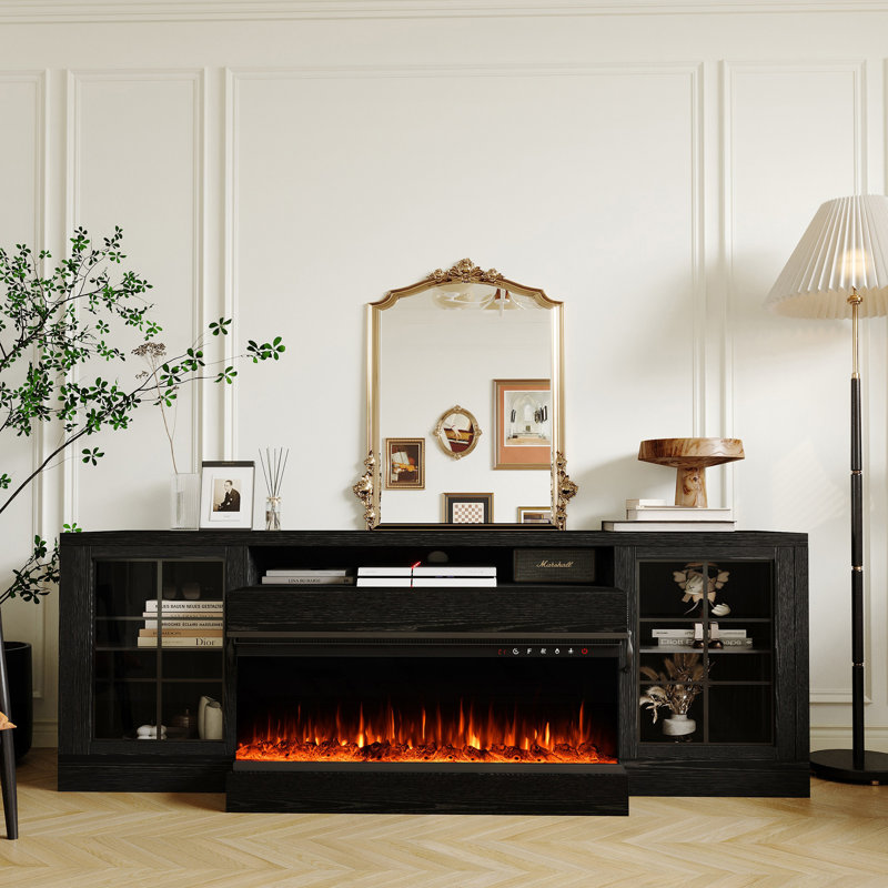 Meuble télé 3 côtés, centre de divertissement avec porte en verre, meuble télé seulement (foyer non inclus), Noir