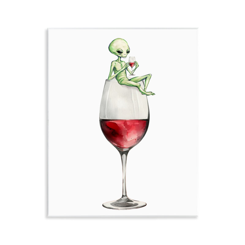 Plaque murale Alien perchée sur un verre à vin, design par Lil 'Rue