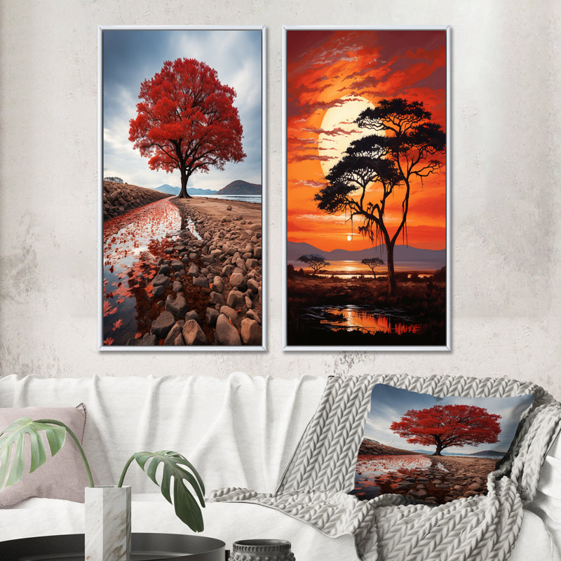 «African Tree Orange Sunset Majesty», 2 pièces, Cadre blanc, H 20 po x l 24 po