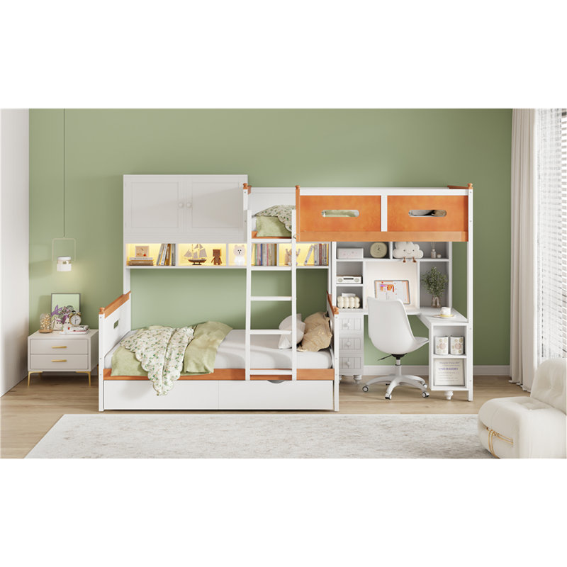 Lit superposé simple au-dessus d'un lit double en bois avec bureau, tiroirs, tablettes et armoire, lumière DEL (blanc + orange)