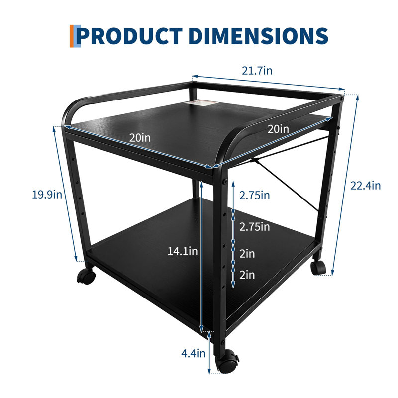 Support pour imprimante sous le bureau à 2 niveaux - Chariot d'imprimante de 20 po de profondeur avec tablettes réglables en hauteur, roulettes et rangement pour bureau personnel