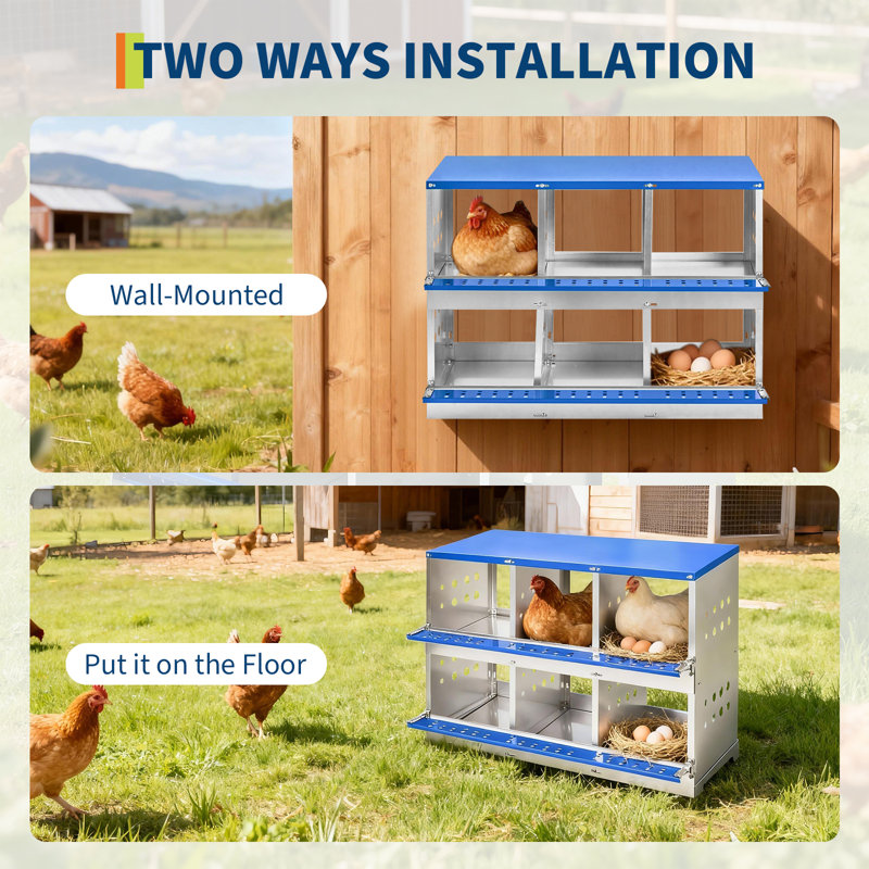 Boîte de nidification à 6 compartiments pour poulets, boîte de nidification en acier galvanisé robuste pour poules et poules, nichoirs antirouille 37,8 po x l 18,9 po x H 27,95 po