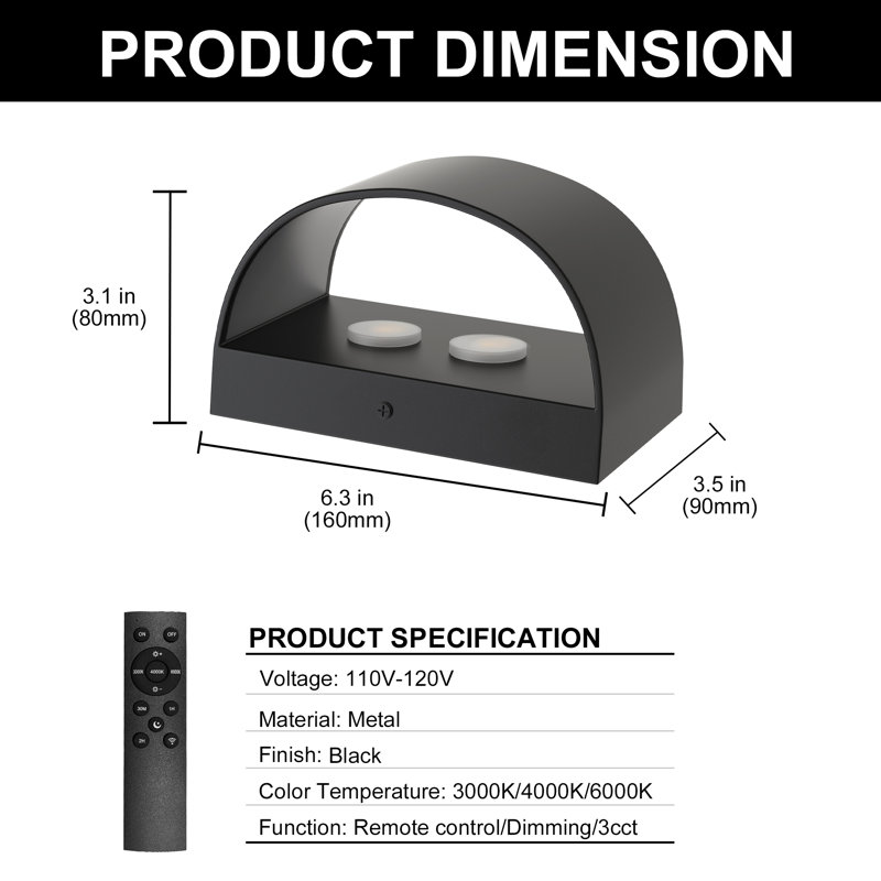 LED Wall Sconce Flush Mount Wall Night Light Dimmable, Matte Black