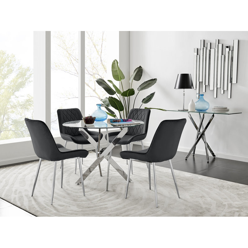 Tierra Modern Metal & Glass Round Dining Table Set with 4 Luxury Velvet Dining Chairs, Black/Silver