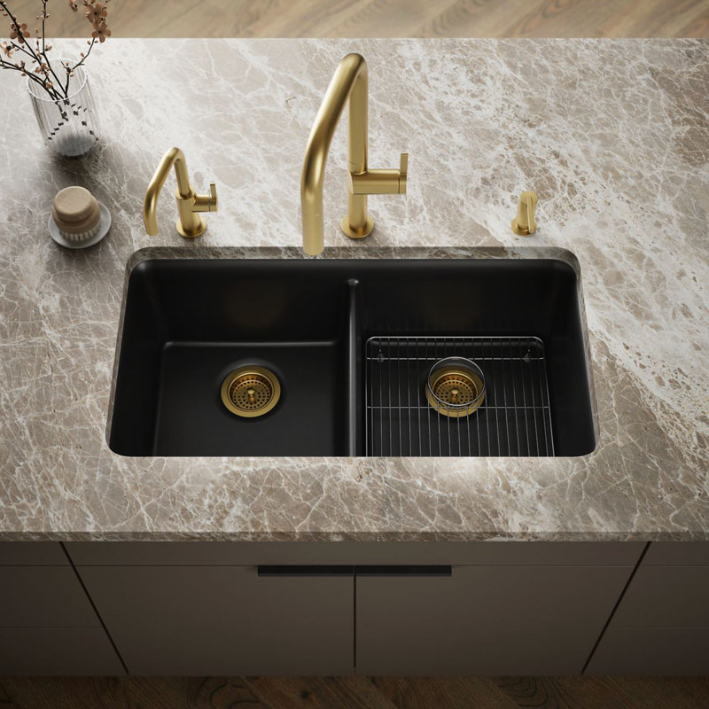 Cairn® 34" L x 18" W Under-Mount Double-Equal Kitchen Sink, Matte Black