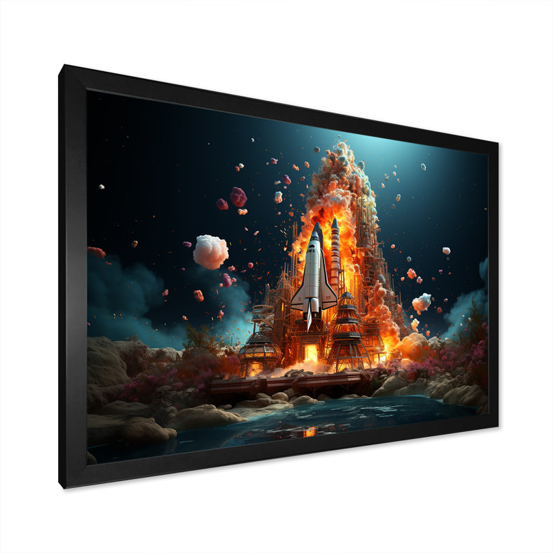 " Blastoff Space Shuttle Launch I ", Black Single Picture Framed, 12" H x 20" W x 1" D