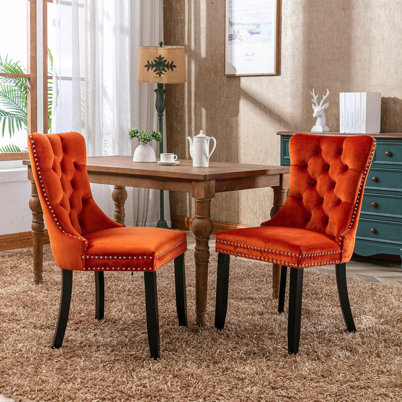 Ensemble de 2 chaises de salle à manger rembourrées en velours de bois massif avec pieds en bois, Orange