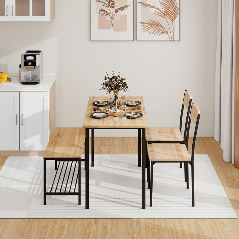 Dining Table Set With 2 Chairs And 1 Bench Rectangle Desk Furniture, Beige/Black