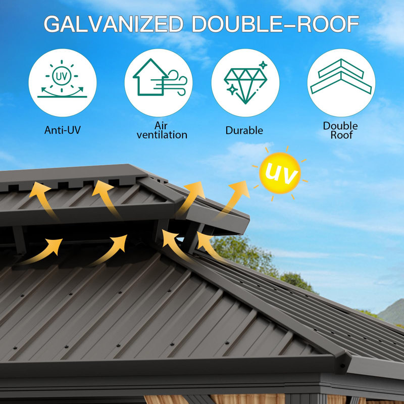 Outdoor Hardtop Gazebo, Galvanized Iron Double Vent Roof with Curtains & Netting, Aluminum Frame Pavilion for Patio, Lawn, Deck, Garden