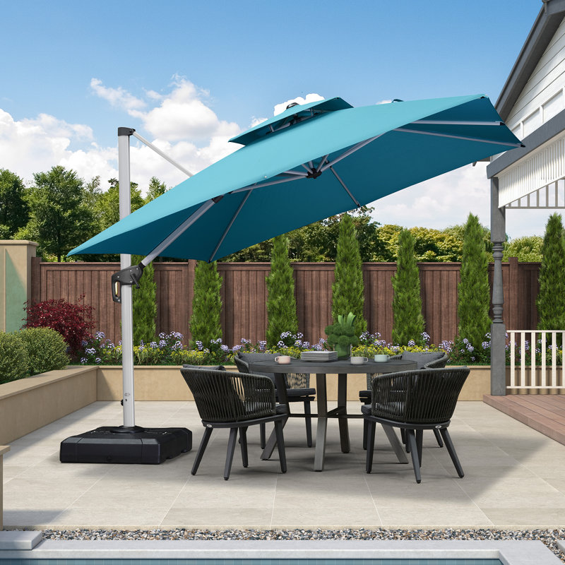 Parasol carré en porte-à-faux 120 "avec base Mutluyaka, bleu turquoise, Bleu turquoise