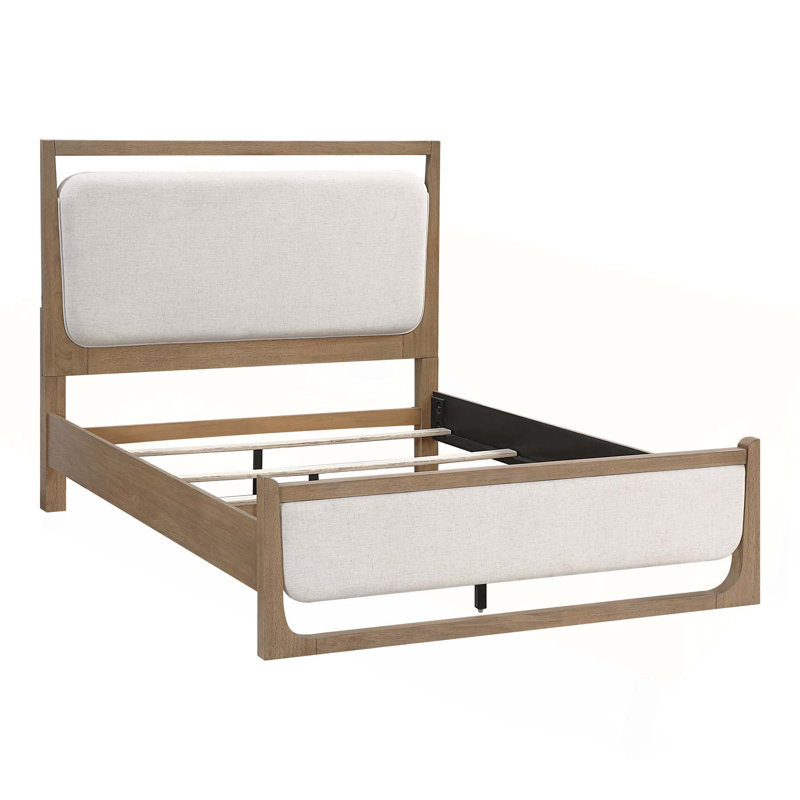 Lit moderne tapissier à finition brun clair avec tête de lit et pied de lit texturé, grand, durable et élégant