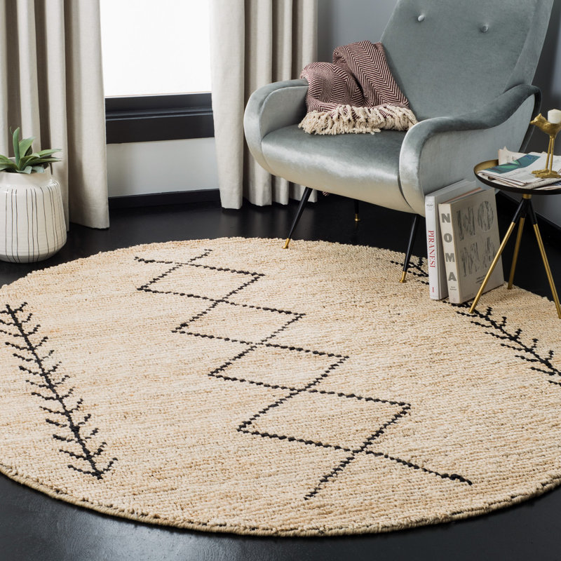 Hand-Knotted Black and Ivory Wool Round Geometric Rug