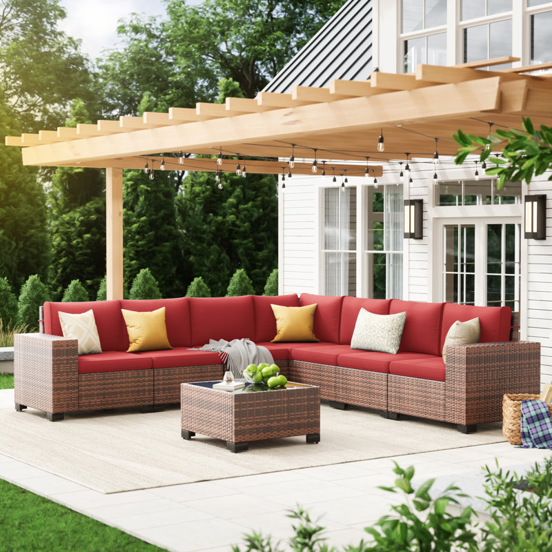 7 - Person Wicker Outdoor Modular Sectional Seating Group with Cushions, Red Cushion/Brown Frame, 8 pcs: Table, 7 Chairs