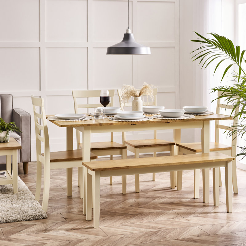 Alissah Rubberwood Extending Dining Table Set, Oak/Cream, 6 Pieces: Table, Bench, 4 Chairs