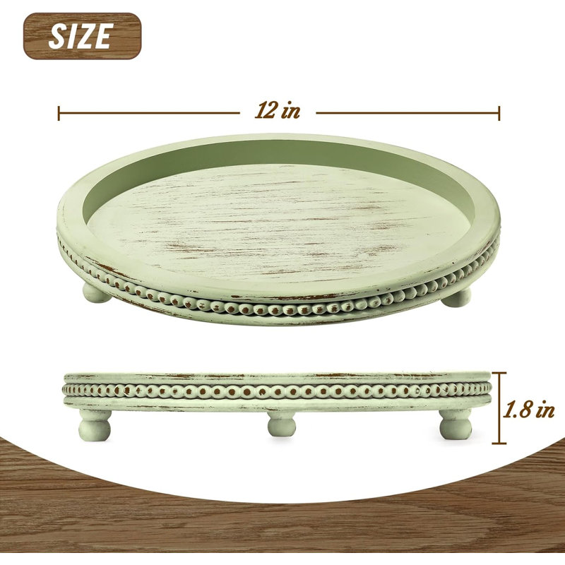 Handmade Wooden Decorative Tray, Small Beaded Coffee Table Tray Decor, Sage Round Serving Tray For Coffee Table, Dining Room Table Entryway And Living Room Table