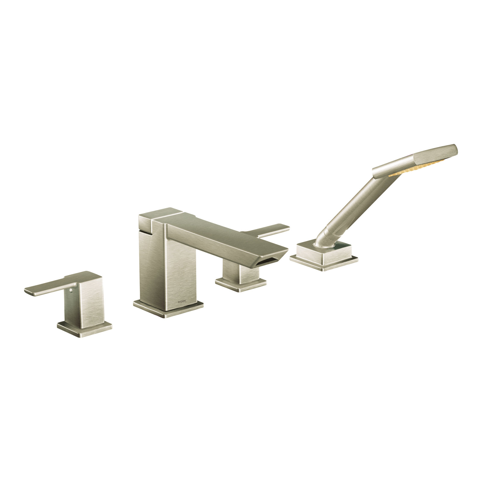 90 Degree Double Handle Deck Mounted Roman Tub Faucet Trim with Handshower, Brushed Nickel