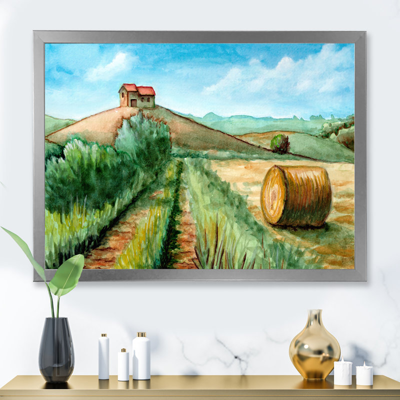 Paysage de récolte champêtre - Peinture sur toile, H 34 po x l 44 po, Cadre photo argenté