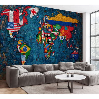 Wall Mural Peel and Stick Wallpaper Colorful Artistic World Map Geometric Flag Patterns Self-Adhesive Removable Contact Paper Wall Decor for Living Room Bedroom 100"H x 144"W