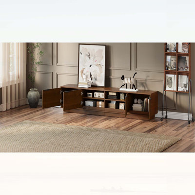 Meuble télé 78 po pour téléviseur de 85 po ou moins, centre de divertissement avec porte cannelée et gestion des câbles, charnières à fermeture en douceur pour le salon