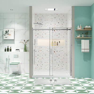 Porte de douche coulissante en alliage d'aluminium chromé poli de 56 à 60 pouces avec verre trempé de 5/16 pouces et poignée en acier inoxydable