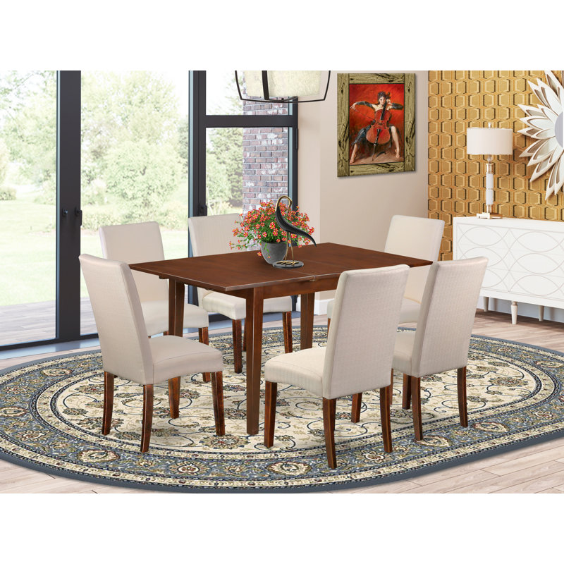 7 Piece Kitchen Table & Chairs Set Consist of a Rectangle Wooden Table with Butterfly Leaf and 6 Cream Linen Fabric Parsons Chairs, Mahogany