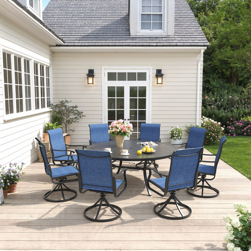 Bachus 8-Person Patio Dining Set with 60" Round Dining Table and 8 Swivel PVC-coated polyester Dining Chairs, Black/Blue