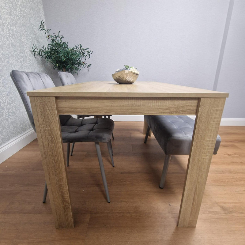 Dining Table and 2 Chairs And Bench Oak Effect Wood Table 1 Grey Velvet Chairs Dining Room, 75" H x 140" L x 80" W, Oak