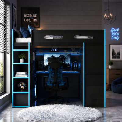 Wood Loft Bed with Desk, Wardrobe, Ample Storage, and RGB Light for Gamers and Multitaskers