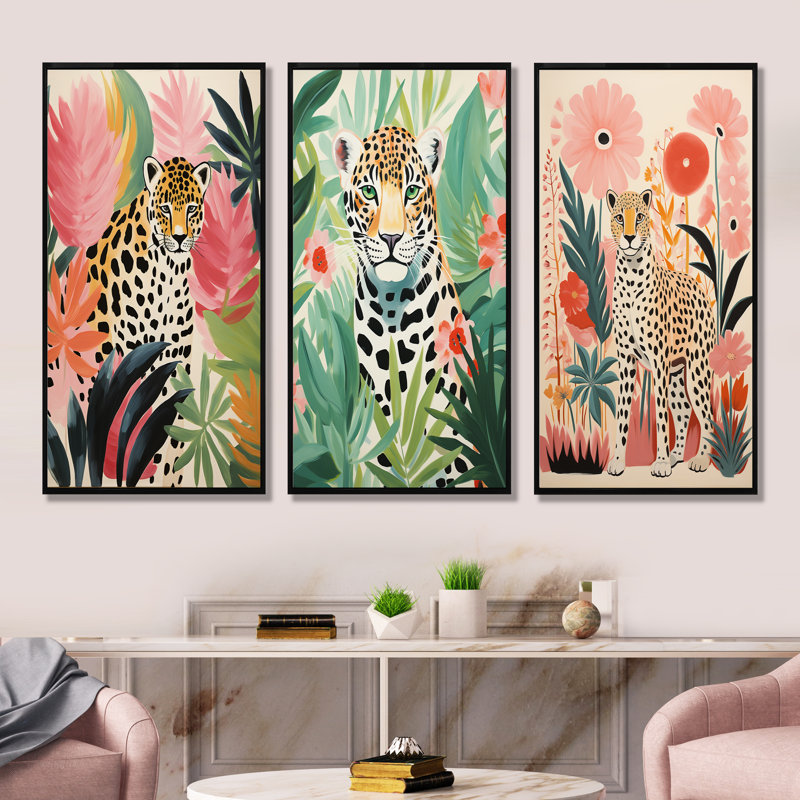 «Green and Pink Leopard Tropical Elegance I», ensemble de 3 reproductions d'art léopard, Cadre flottant noir